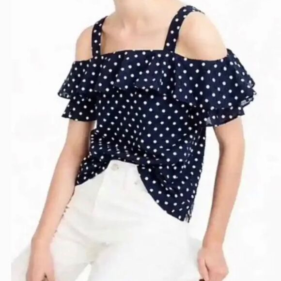 J. Crew Navy/White Polka Dot Ruffled Short Sleeve Cold Shoulder - Picture 4 of 14